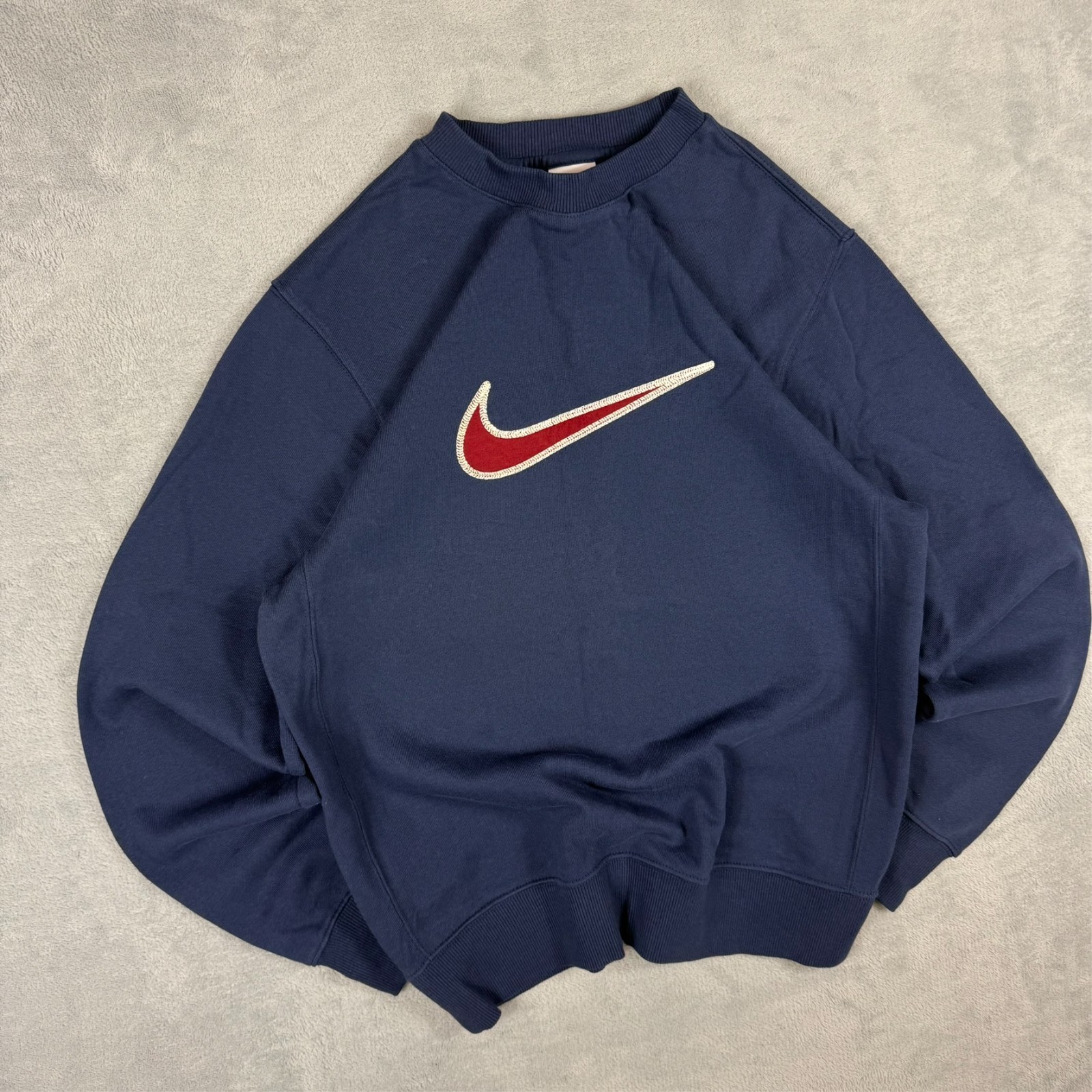 VTG Nike Navy Blue Red Big Swoosh Oversized Heavyweight XS Pullover Sweatshirt image 2