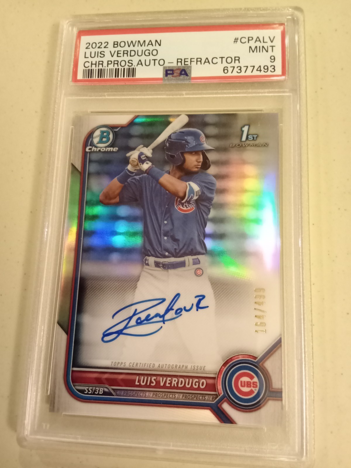 2022 Bowman Chrome Luis Verdugo #164/499 AUTOGRAPH REFRACTOR #CPA-LV PSA 9 Mint