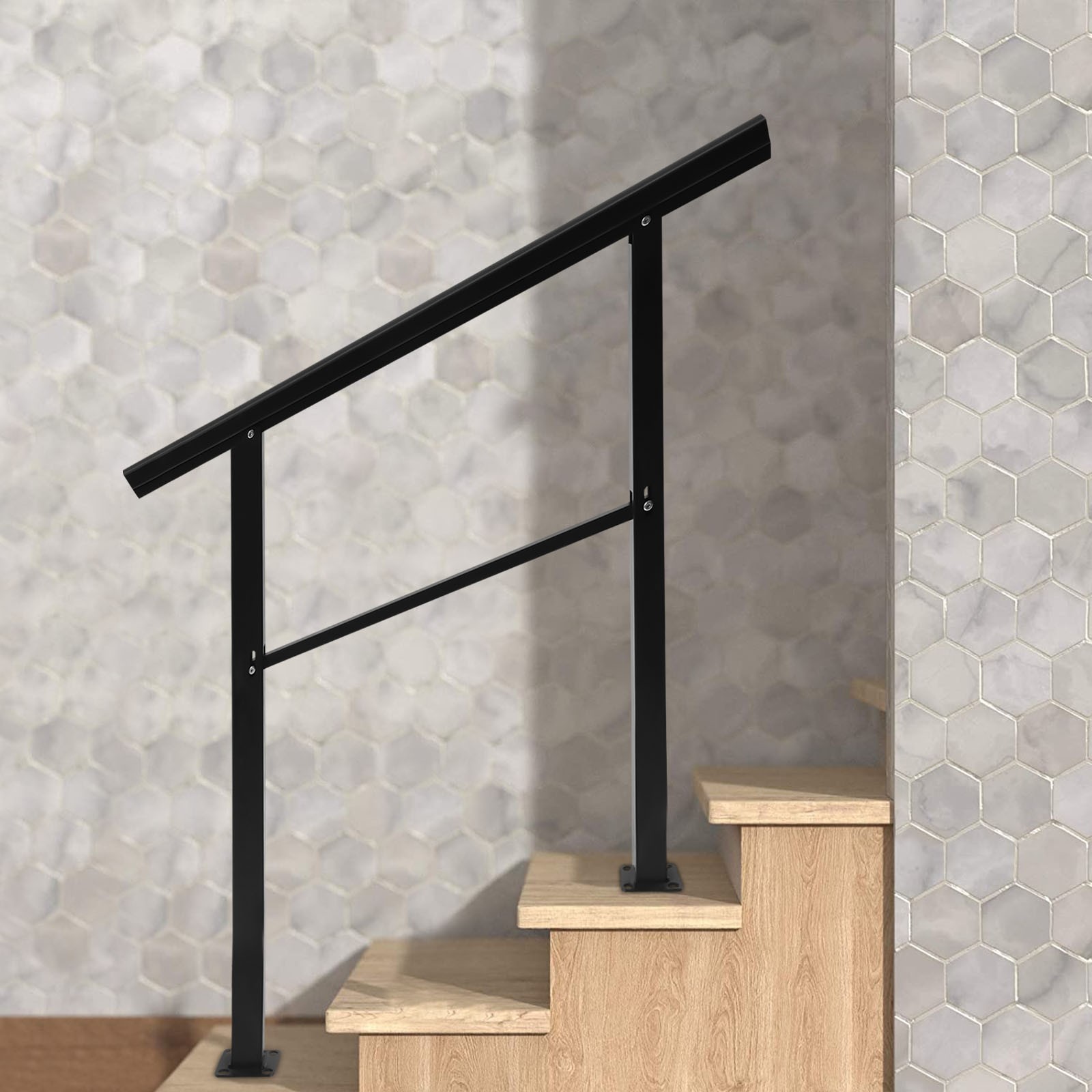 44X34.8 Inch Matte Black 3-Step Outdoor Stair Railing Transitional Handrail