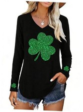 Women's St Patrick's Day T Shirts-Irish Lucky Shamrock Long Sleeve Large Black