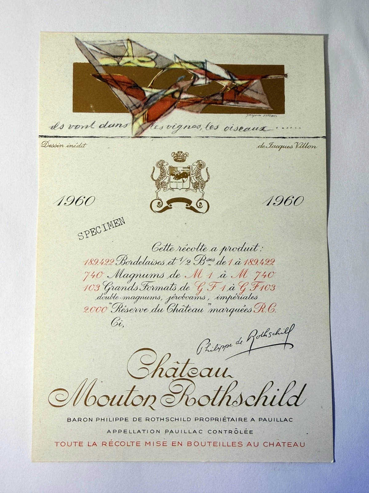 Étiquette De Vin Château Mouton Rotschild Spécimen 1960