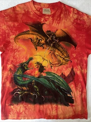 Camiseta The Mountain Vintage 2001 Para Hombres Dragon Battle Tie Dye XL Naranja Fuego Arte - Imagen 1 de 4