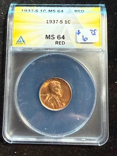 1937 S LINCOLN WHEAT CENT ANACS MS 64 RD 110