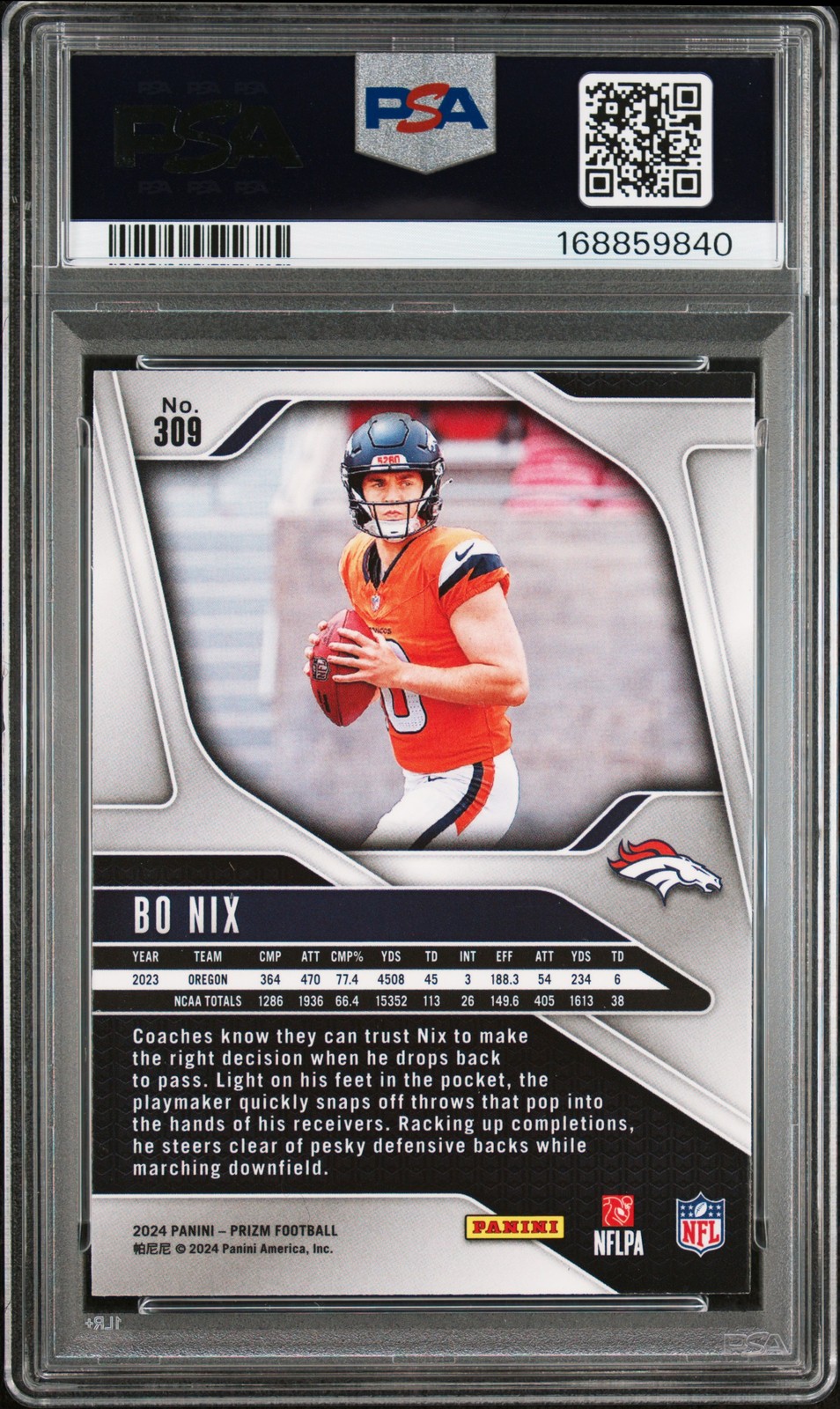 2024 Panini Prizm Bo Nix #309 Denver Broncos PSA 10 Rookie view 2