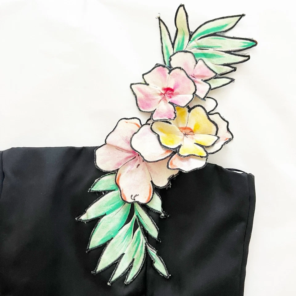 De Colección Años 80 Victor Costa Floral Negro Bustier Vestido Ramillete Hombro Nivel Acampanado Caída Foto 3 de 4