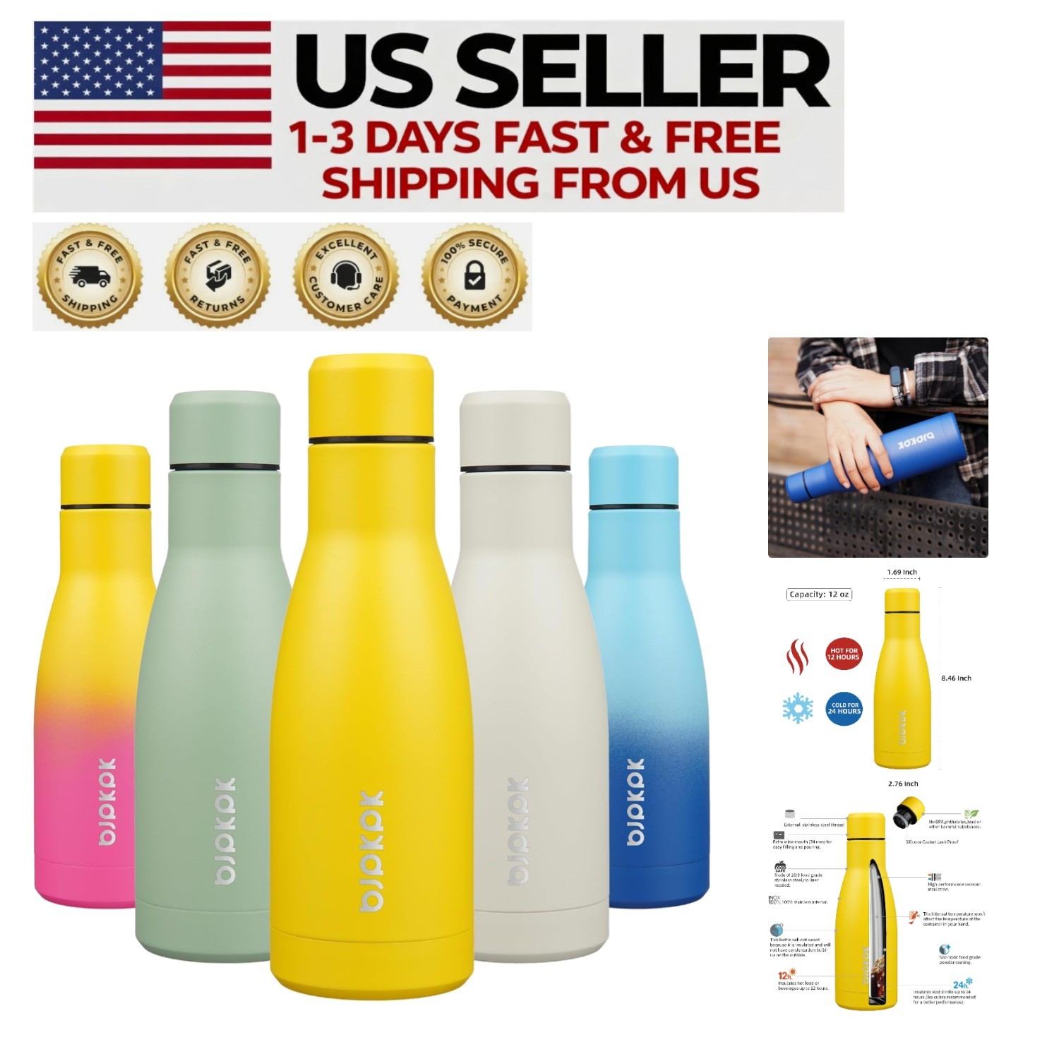 BPA Free 12oz Yellow Insulated Water Bottle with Leak Proof Lid for Everyday Use