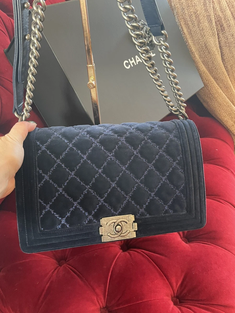 Authentic 💙Chanel Navy Medium Velvet boy bag. . Tag. Authenticity Card Box.