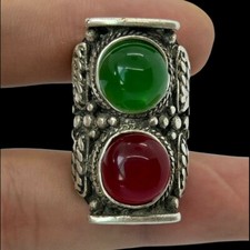 Natural Agate Inlaid Tibetan Silver Plated Ring Size 6.5US Vintage Jewelry