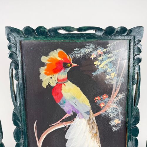 Vintage Mexican Feathercraft Feather Bird Art Pictures (3) in Carved Wood Frames - Picture 2 of 17