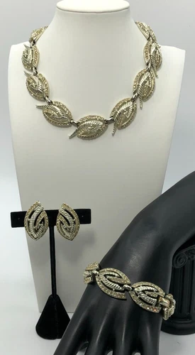 Vintage Charel Gold Tone Rhinestone Necklace Bracelet & Earrings Set Parure