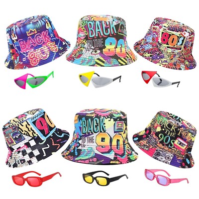 12 Pack Retro 80's 90's Party Bucket Hats with Neon Party Sunglasses, Funny 1...