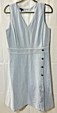 TALBOTS FAUX WRAP SLEEVELESS DRESS WOMENS 12 BUTTONS BLUE & WHITE STRIPE NWT
