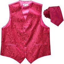 New Men's Formal Vest Tuxedo Waistcoat necktie paisley pattern wedding hot pink