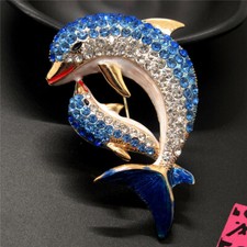 Blue Rhinestone Bling Dolphin Mother Animal Fashion Women Charm Brooch Pin Gifts