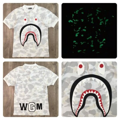 Glow in the Dark BAPE City camo Shark Polo Shirt White A Bathing Ape Size M 