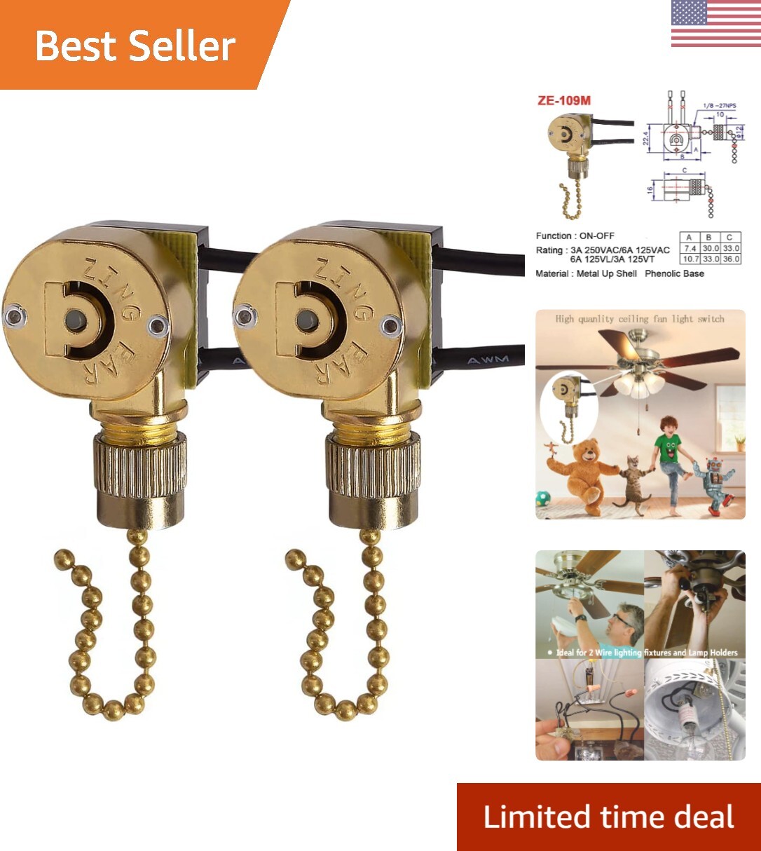 Brass Pull Chain Switch for Ceiling Fans Lamps and Wall Lights-image