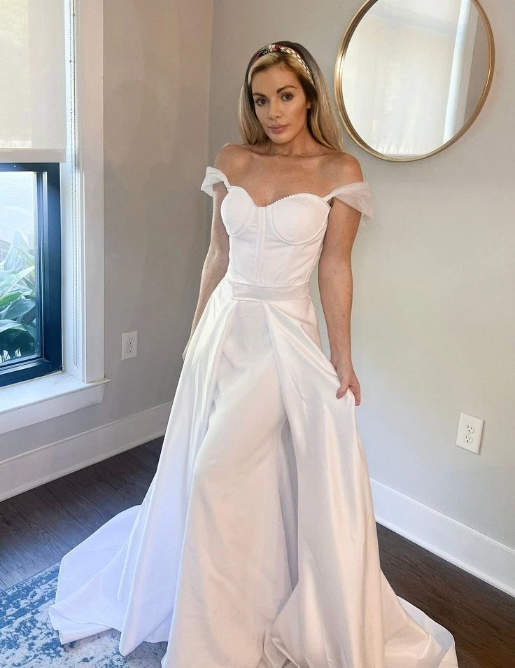 Vestidos de novia satinados sirena tren desmontable blancos fuera del hombro vestidos de novia Foto 4 de 4