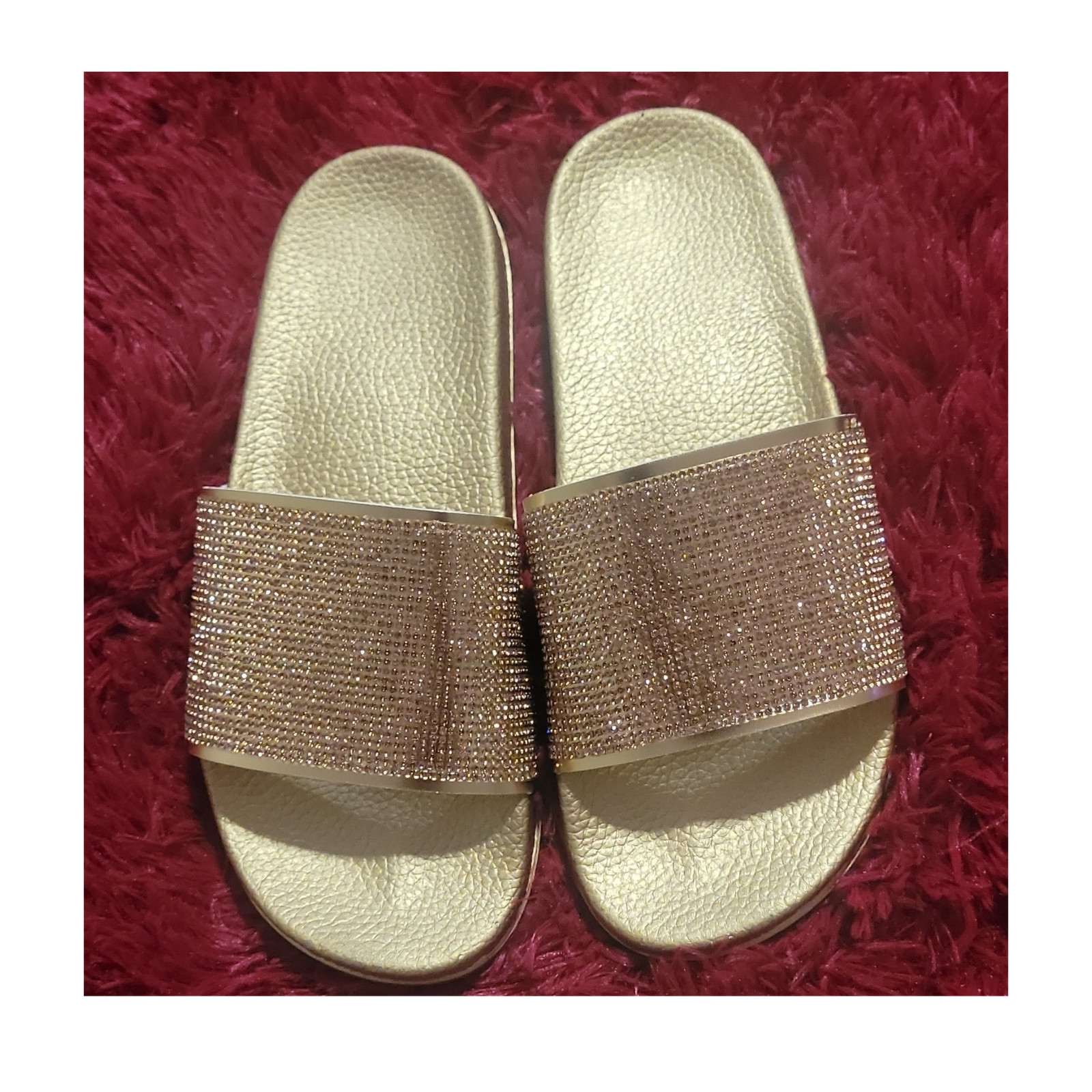 Gold Rhinestone Slip On Slide Sandals Women Casual Size 39 Leather Upper