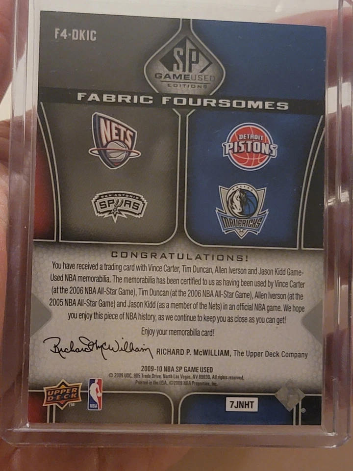 Carter Tim Duncan Allen Iverson Kidd 2009-10 SP Juego Usado Tela Foursomes/199 Foto 2 de 3