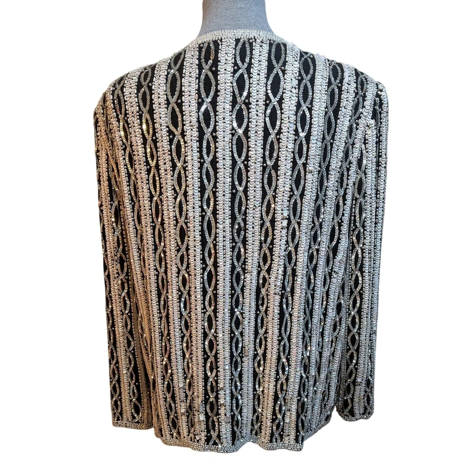 Hochzeit Urlaub Urlaub ausgefallen schwarz weiß Pailletten Perlen Seide XL Jacke - Bild 3 von 4