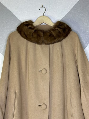 Vtg 60s Touch 100% Cashmere Women’s Button Long Coat Fur Collar Beige Elegant XL