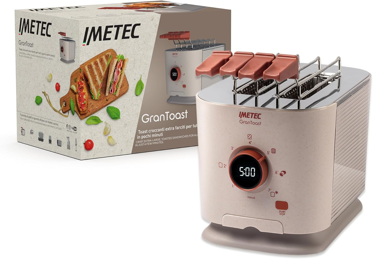 Imetec GranToast Tostapane 2 Fette XL con Pinze per Toast Farciti
