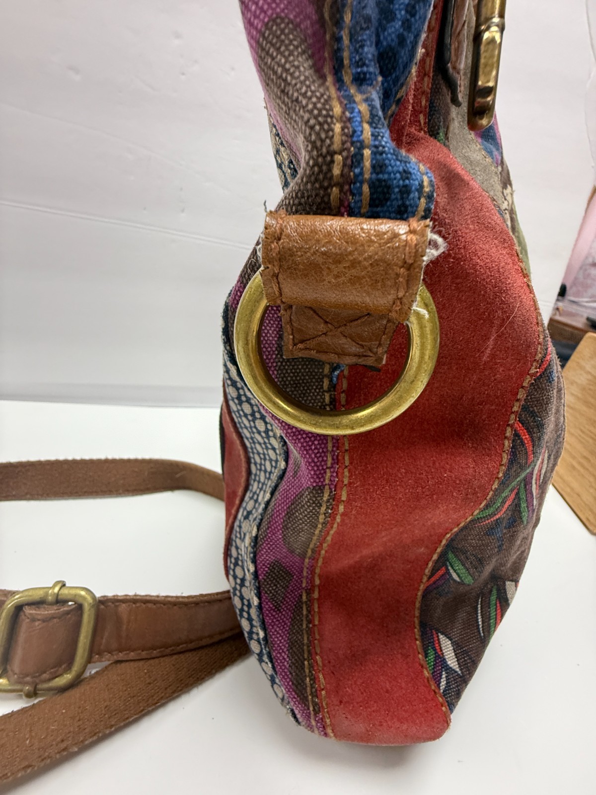 Fossil Patchwork Shoulder Bag Boho Leather Canvas… - image 8