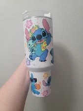 40oz Blue Glow In The Dark Fun Stitch Tumbler straw, lid