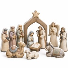 13 Pcs Wooden Christmas Nativity Set - Manger Scene - Brown Vintage