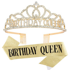 Gold Birthday Crowns and Sash - Queen Tiara for Party Decorations
