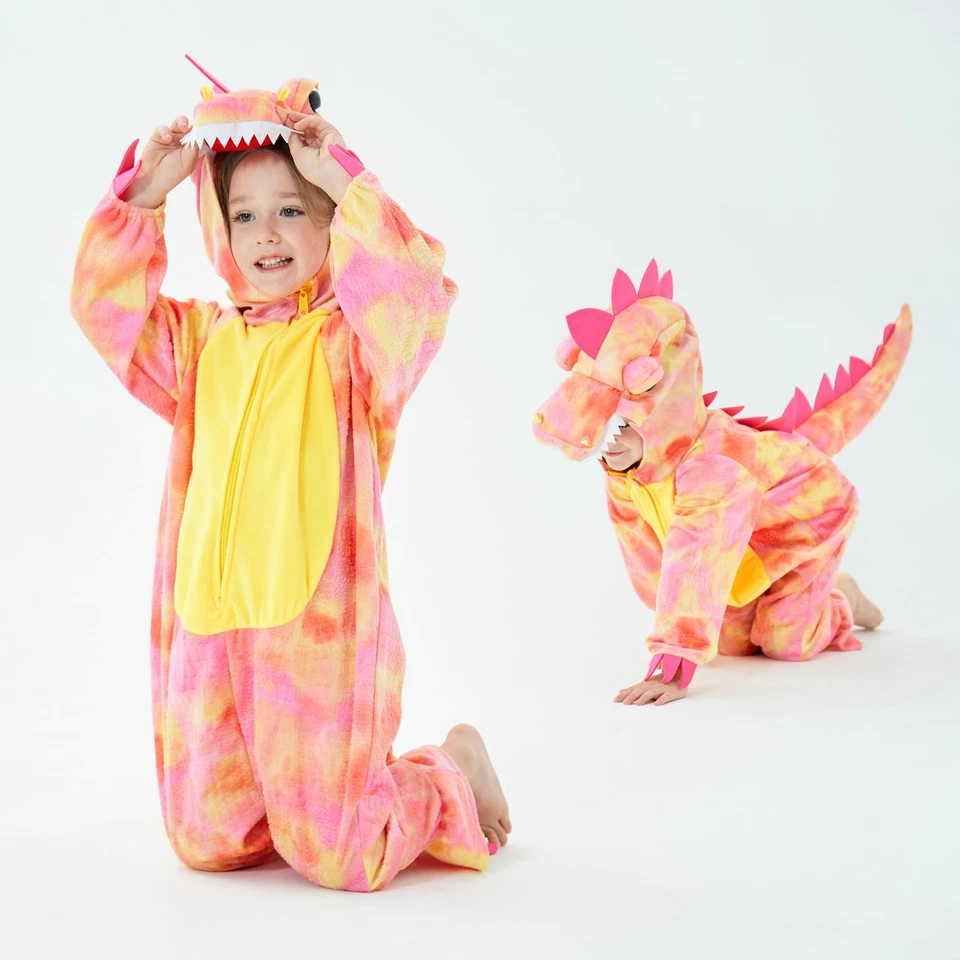 Niños T-Rex Dinosaurio Disfraz Mameluco con Capucha Mono Vestido Elegante S/100, Rosa Foto 3 de 4
