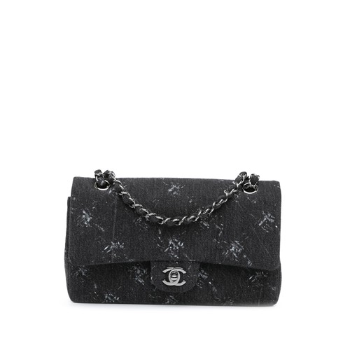 Chanel Medium Classic Printed Denim Double Flap Pre-Loved Shoulder Bag Black