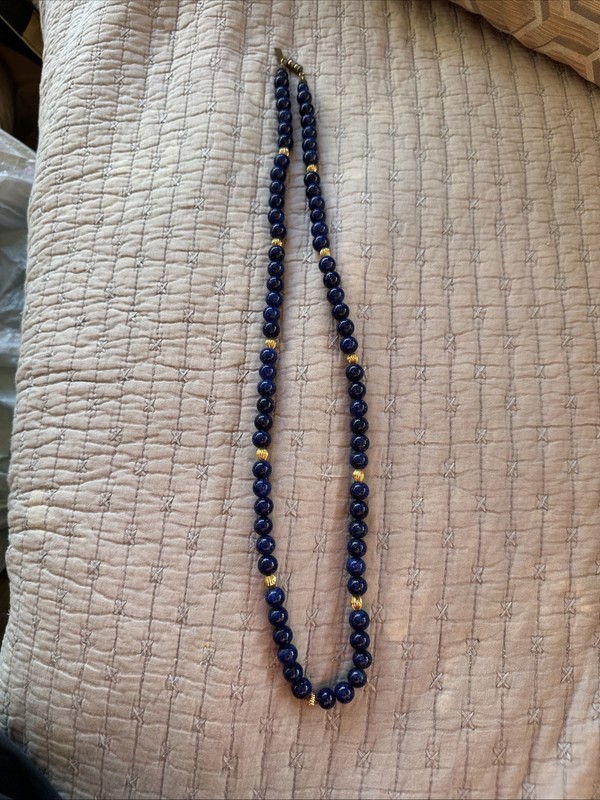 Vintage Pauline Radar Blue Stone & Gold Tone Balls Long Necklace 