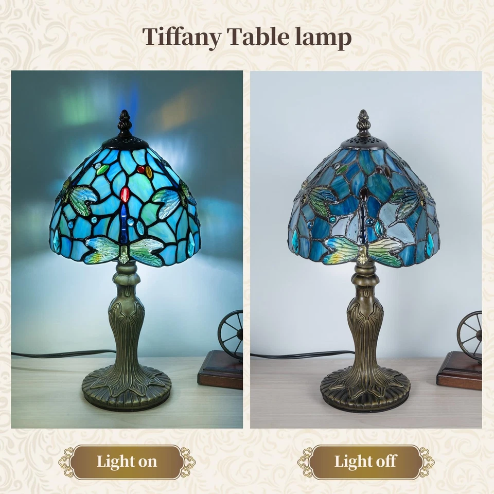 小号蒂芙尼台灯 3 色温度蜻蜓彩色玻璃灯 8 英寸... — 第 4/4 张图片