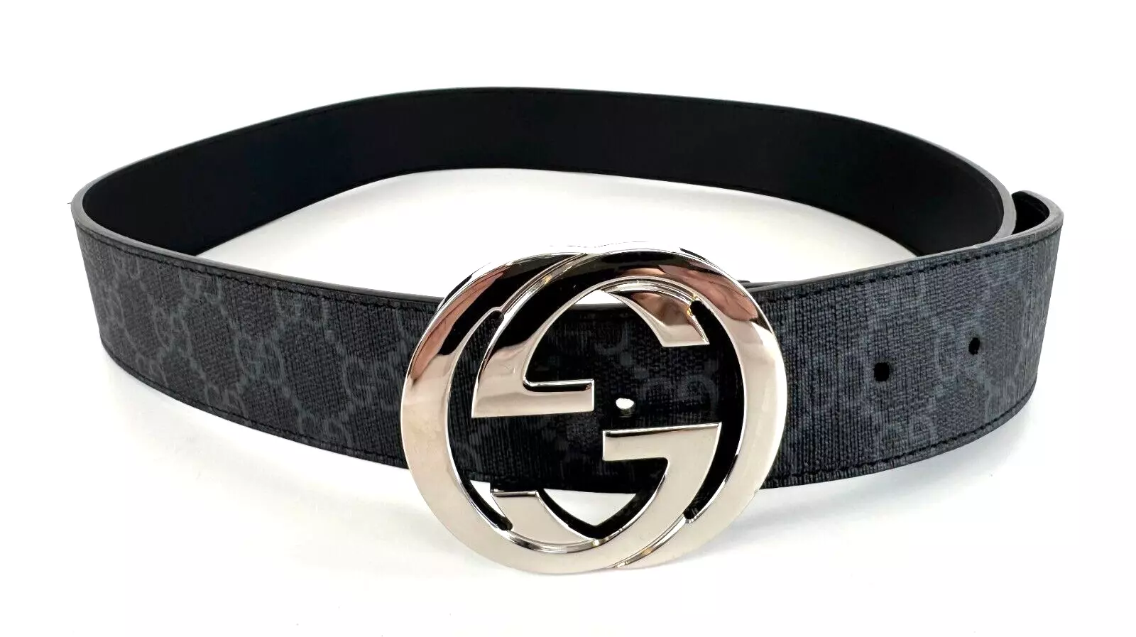 Gucci Neuf Homme Auth 36 en 90 cm Gris Noir GG Supreme Ceinture Ton Argent Boucle
