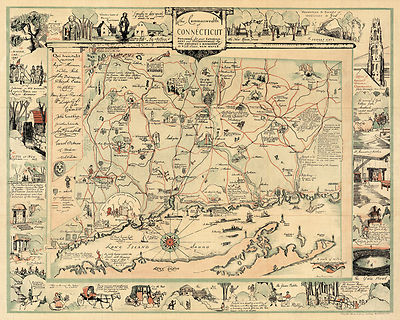 Pictorial Historic Commonwealth of Connecticut Wall Art Map Poster Print Decor