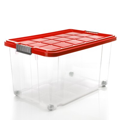 4x 60 L Aufbewahrungsbox mit Deckel Stapelbox groß rot stapelbare rollbare Box
