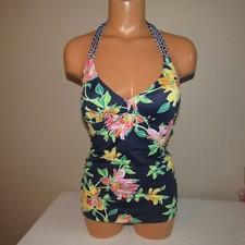 Tommy Bahama Sun Lilies Rev Loop Halter Tankini Swim Top Mare Navy Multi XS NWT