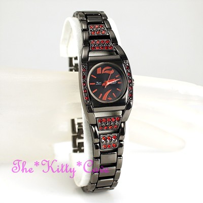Swiss OMAX Hämatit schwarz, Seiko Uhrwerk, Deko, rote Swarovski Kristalle JES054