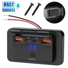 12-24V USB Car Charger Socket Panel QC3.0 & PD Outlet for RV with LED Voltmeter