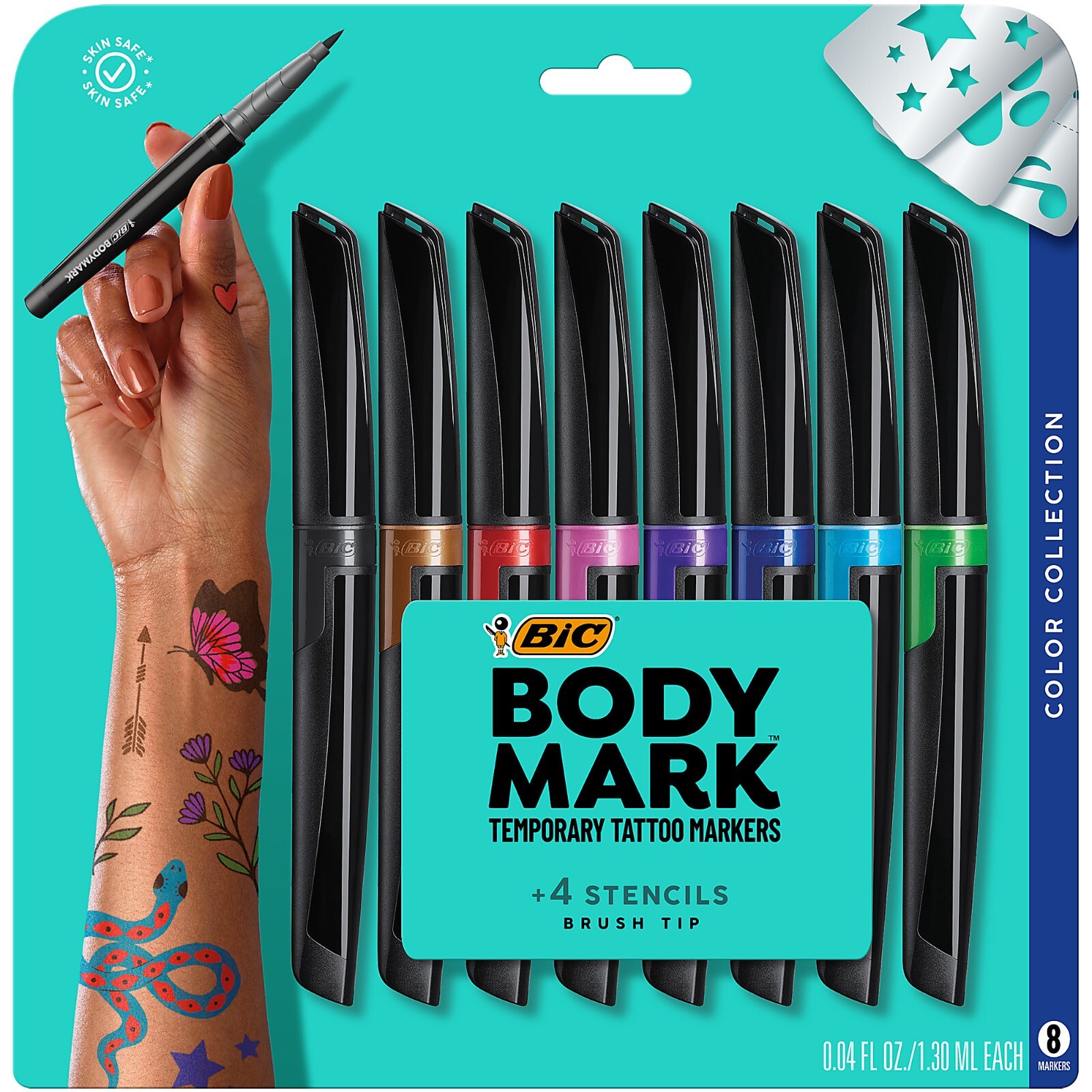 New BIC BodyMark Temporary Tattoo Markers, Brush Tip, Assort