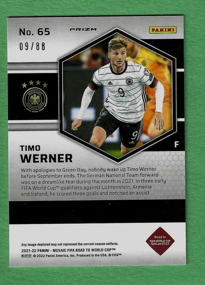 Timo Werner 2021-22 Mosaic World Cup 65 RED GOLD CHOICE PRIZM /88 Germany  - Image 2 of 2