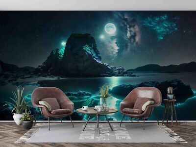 3D Mountain Sea Moon Night Scene Self-adhesive Removeable Wallpaper Wall Mural 3