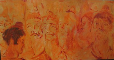 Pascal Cucaro Oil Painting Self Portrait Many Faces or Clowns 56''x31'' Framed