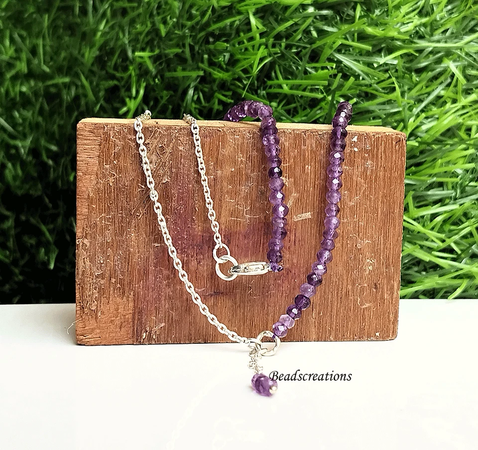 Ожерелья из чистого серебра с гранеными бусинами из натурального фиолетового аметиста - Изображение 4 из 4