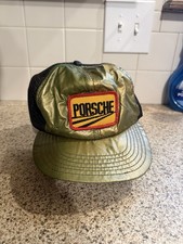 Vintage 80s Porsche Patch Trucker Hat Gold Mesh Snapback Racing Cap Usa Rare