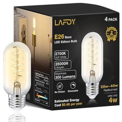 LED Edison Bulb 2700K Soft White Dimmable, Vintage Spiral 2700k Soft White