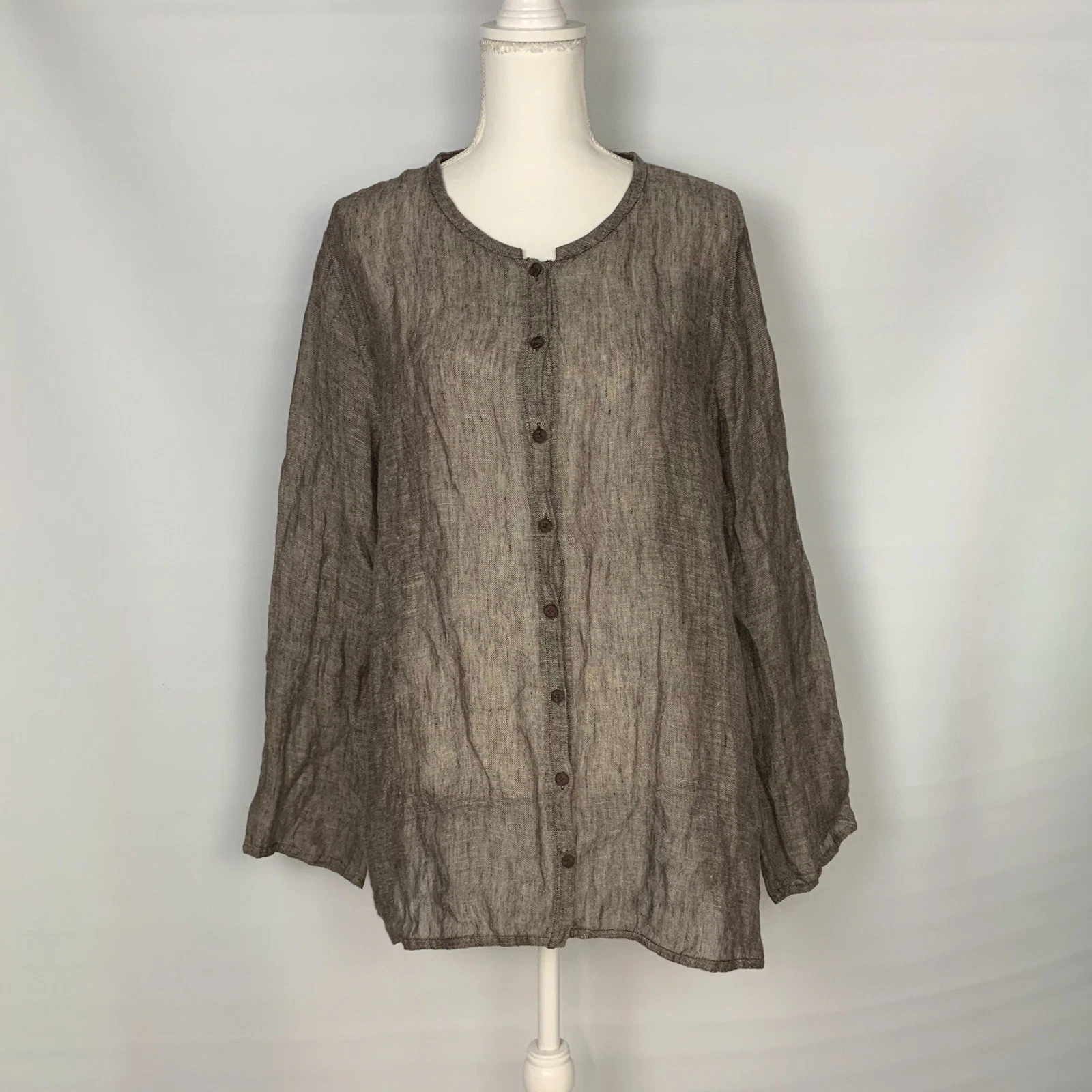 Eileen Fisher Women XL 100% Italian Linen Tunic Shirt Button Up Lightweight Boho
