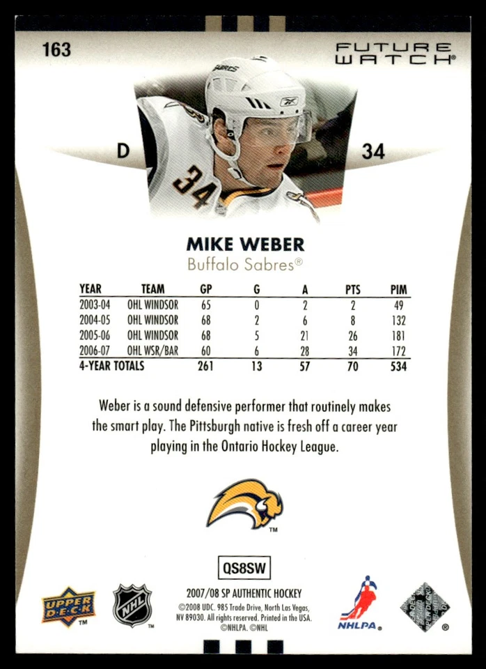 2007-08 SP Authentic FUTURE WATCH Mike Weber Rookie /999 Buffalo Sabres #163 - Image 2 of 2