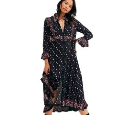 Free People Calico Skies Button Up Dress Women’s Size Medium Navy Blue Floral